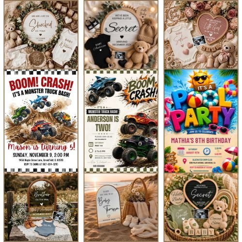 9 Baby Announcement & Birthday Invitation Templates Bundle, Editable Pregnancy Reveal & Kids Party Invites, Instant Download Canva Templates