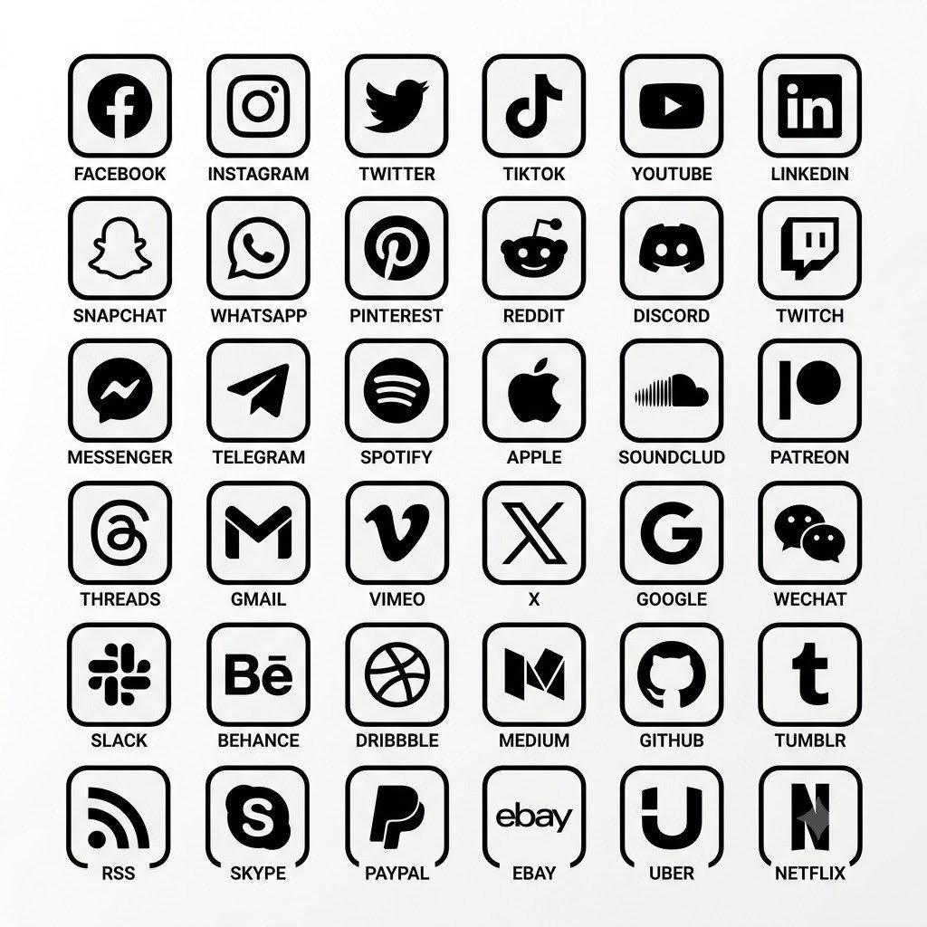 Minimalist Social Media Icons Pack Vector Template – Editable Black & White App Logos, Custom Web Graphic Assets, Instant Download