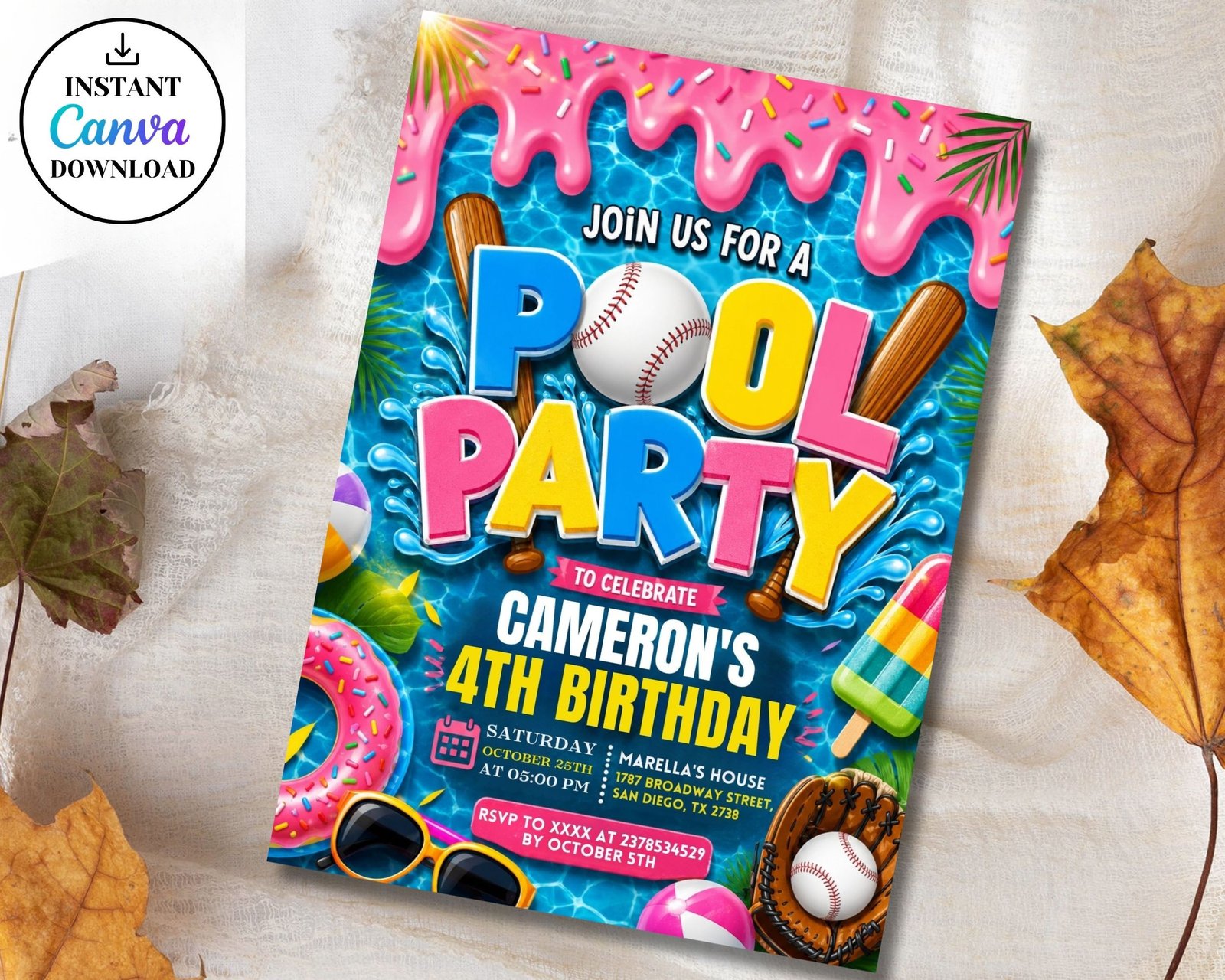 Pool Party Baseball Birthday Invitation – Editable Canva Template, Splash Bash Birthday Party, Instant Download