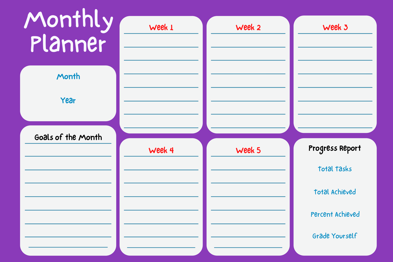 Monthly Planner Printable Template – Editable Student & Workplace Organizer, Purple Goal Tracker & Task Schedule, Instant Download