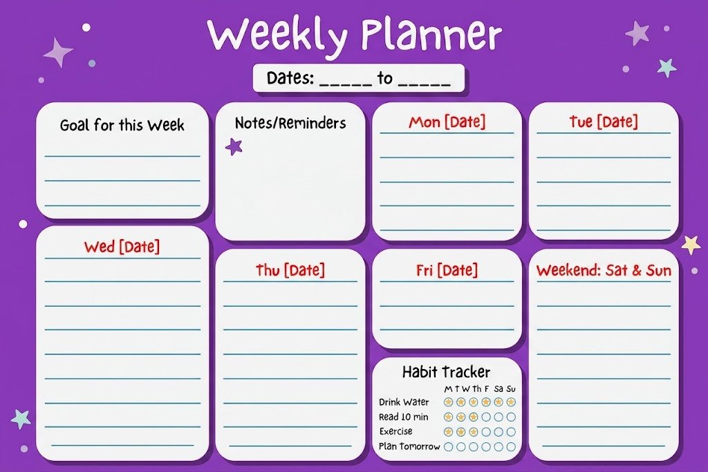 Weekly Planner Printable Template – Editable Cute Purple Student Schedule, Weekly Goal & Habit Tracker Sheet, Instant Download