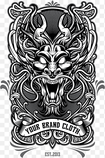 Japanese Dragon Apparel Emblem Graphic Vector – Editable Tattoo Style Streetwear Art, Intricate Dragon Head Merch Illustration, Instant Download
